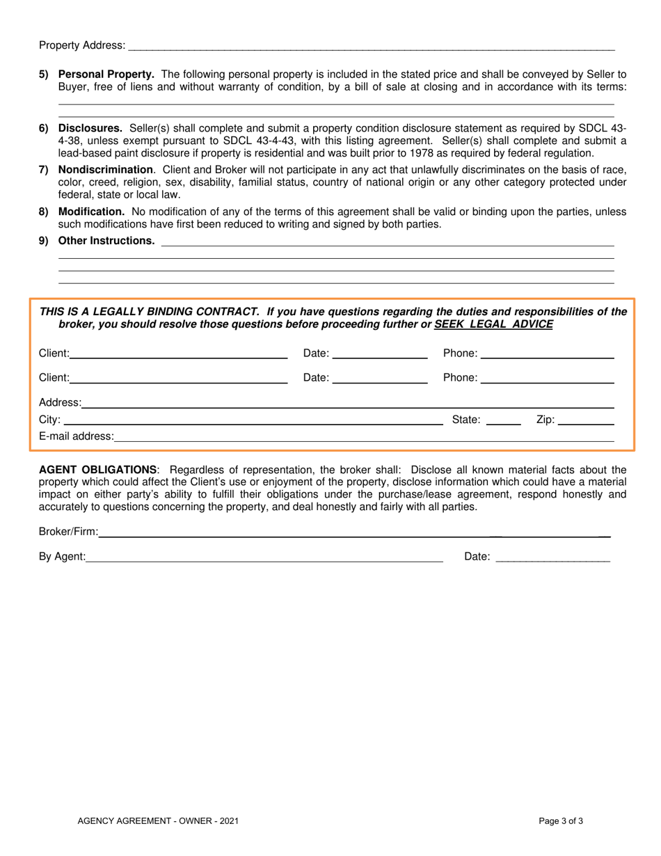 Agency Agreement - Owner - South Dakota (Listing Agreement) - South Dakota, Page 3