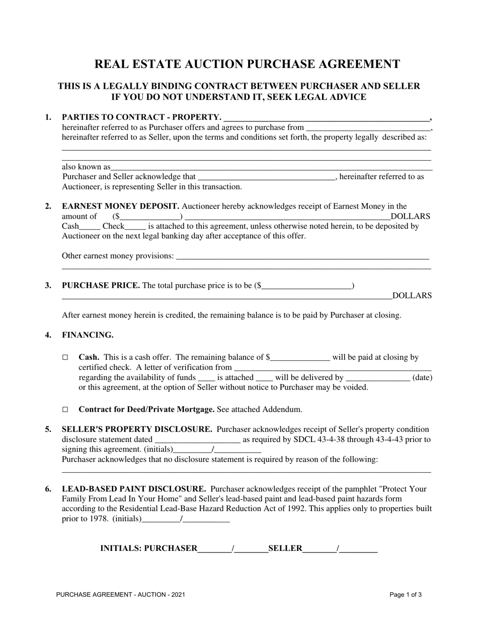 South Dakota Real Estate Auction Purchase Agreement Fill Out, Sign Online and Download PDF