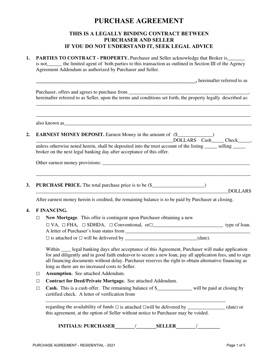 Purchase Agreement - Residential Sales - South Dakota, Page 1
