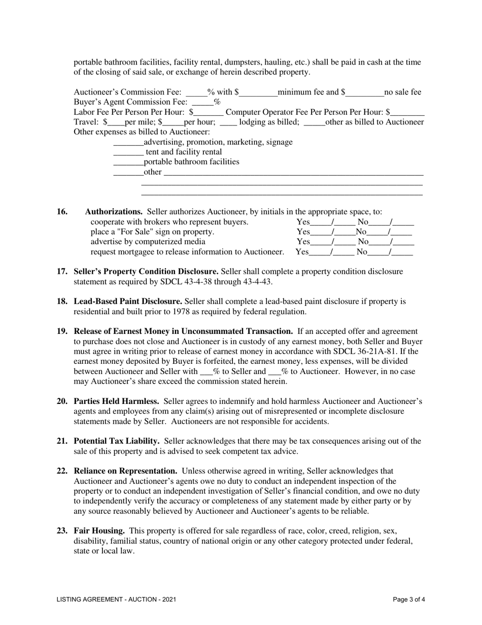 Real Estate Auction Listing Agreement - South Dakota, Page 3