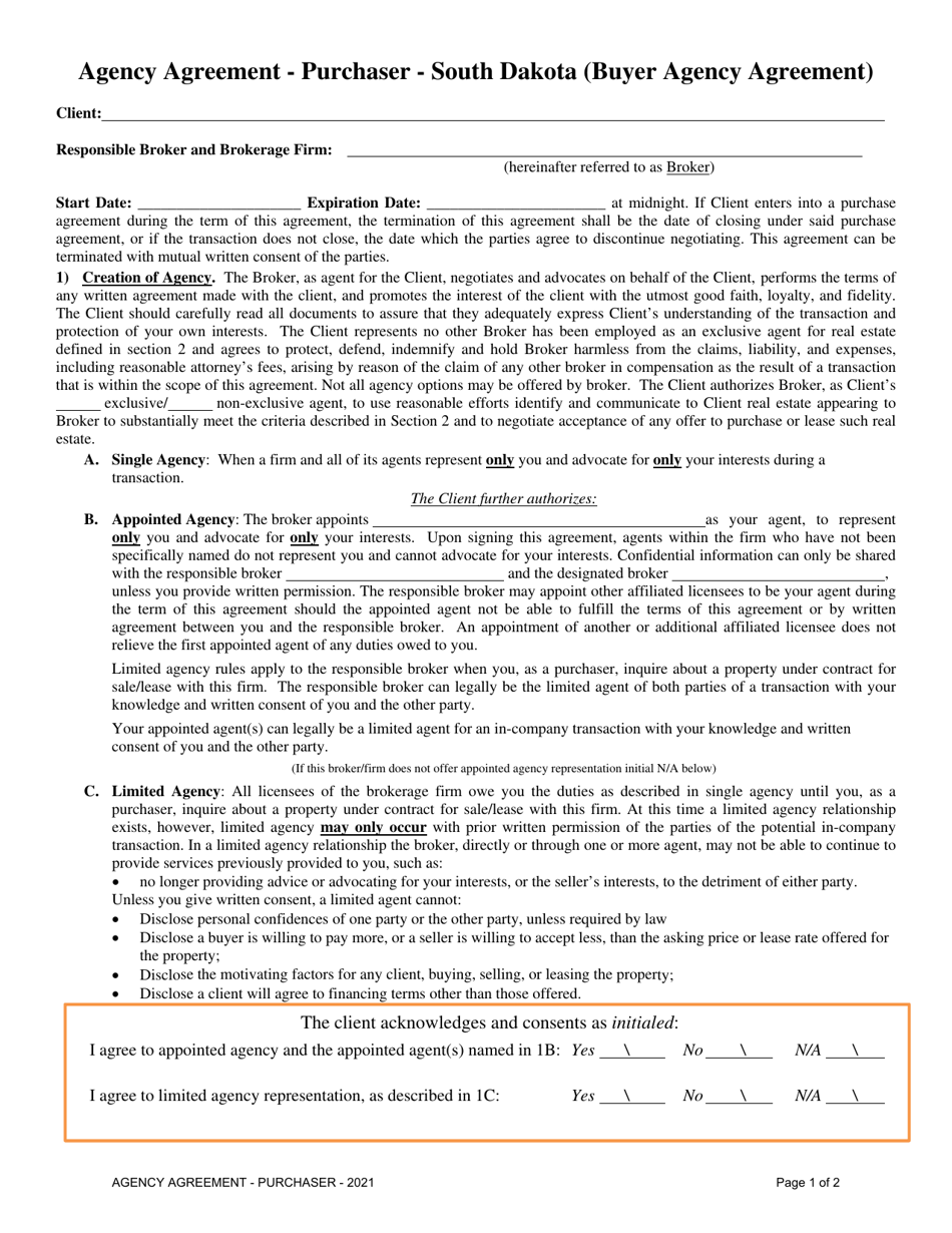 Agency Agreement - Purchaser - South Dakota (Buyer Agency Agreement) - South Dakota, Page 1