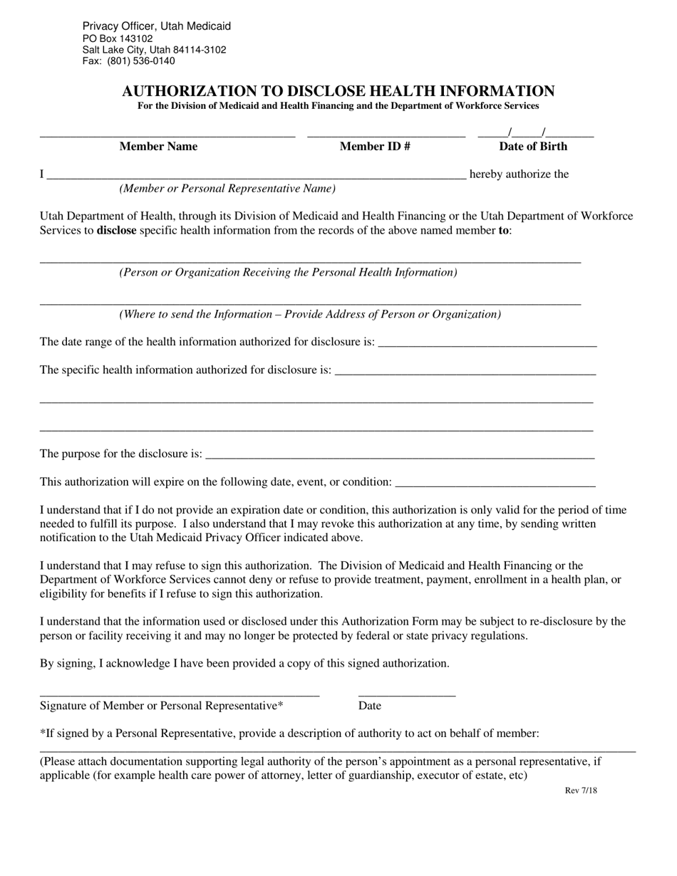 Authorization to Disclose Health Information for the Division of Medicaid and Health Financing and the Department of Workforce Services - Utah, Page 1