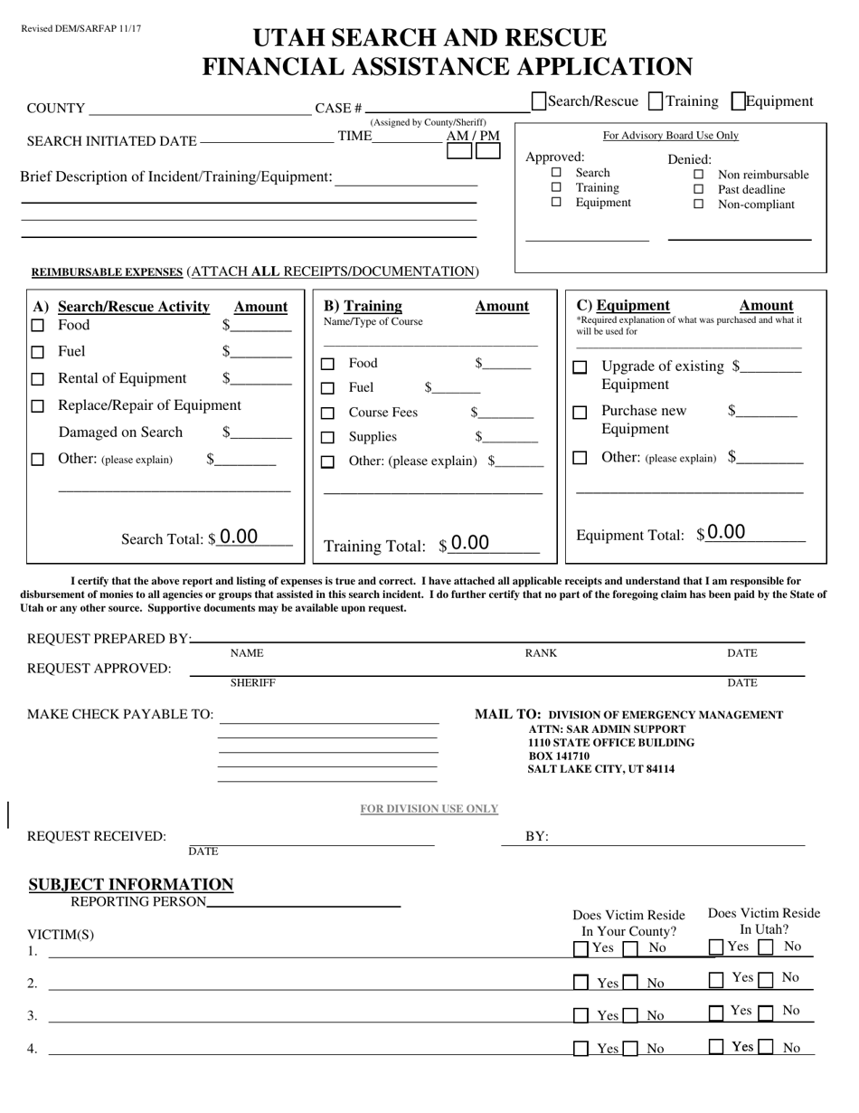 Search and Rescue Application Form - Utah, Page 1