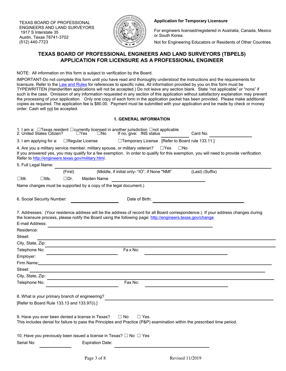 Application for Temporary Licensure - Texas, Page 3