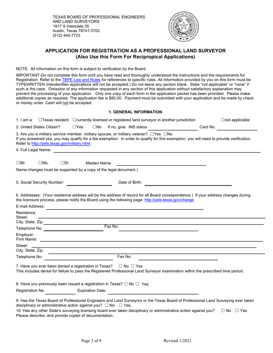 Application for Registration as a Professional Land Surveyor - Texas, Page 3