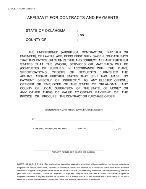 Form S.A.& I.4001 Affidavit for Contracts and Payments - Oklahoma