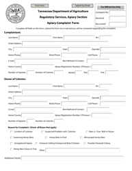 Document preview: Apiary Complaint Form - Tennessee