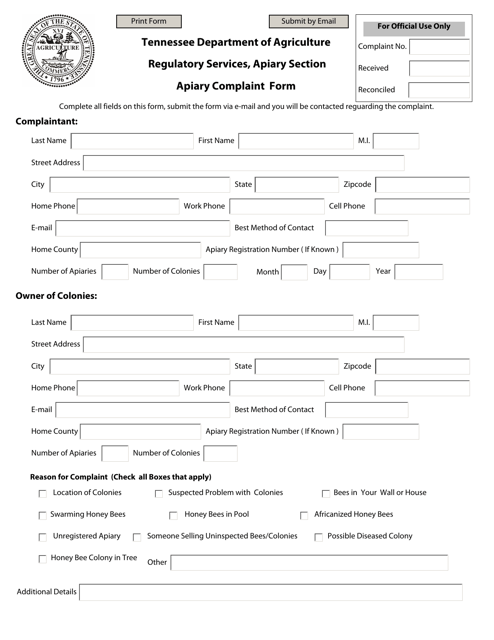 Apiary Complaint Form - Tennessee Download Pdf