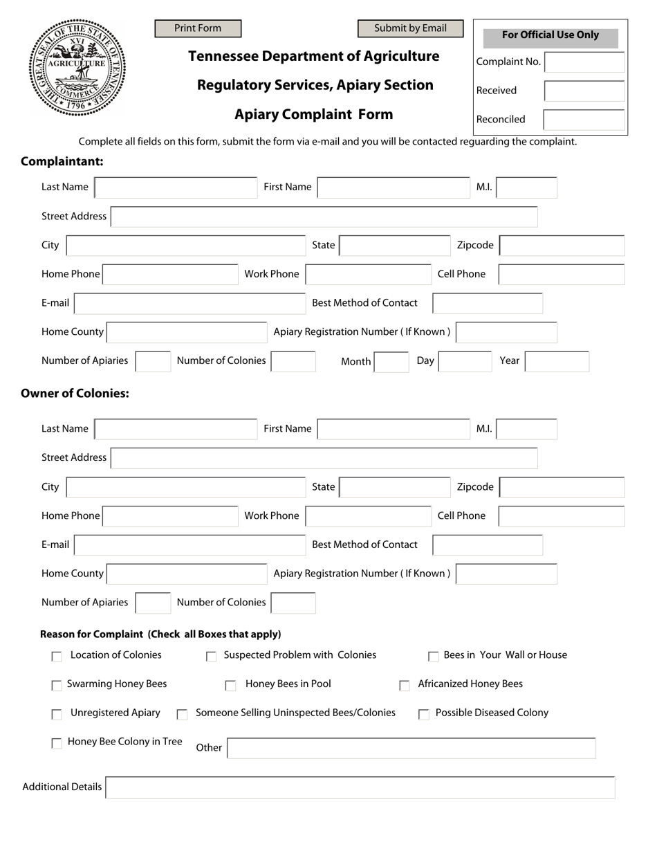 Apiary Complaint Form - Tennessee, Page 1
