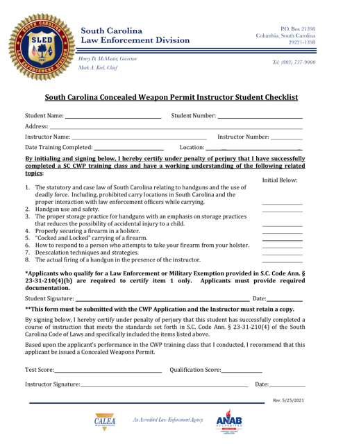 South Carolina Concealed Weapon Permit Instructor Student Checklist - South Carolina Download Pdf