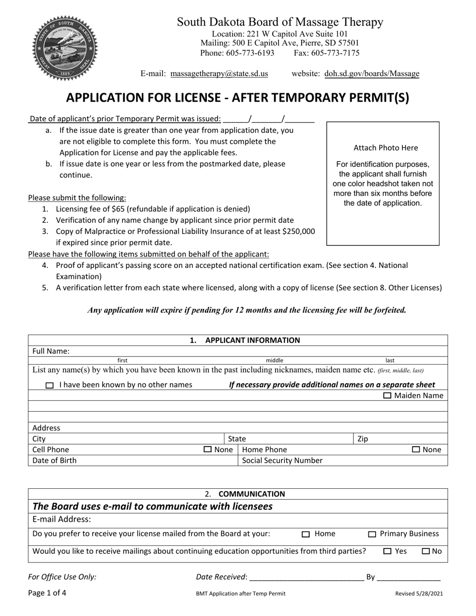 South Dakota Application for License After Temporary Permit(S