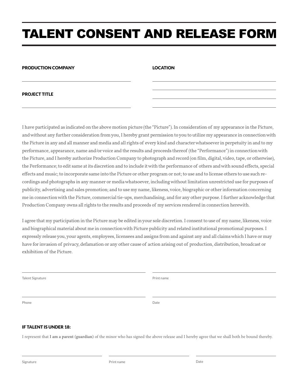 Talent Consent and Release Form, Page 1