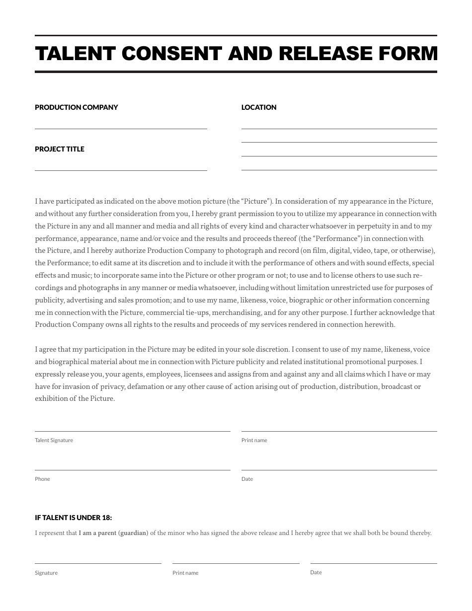 Talent Consent and Release Form - Fill Out, Sign Online and Download ...