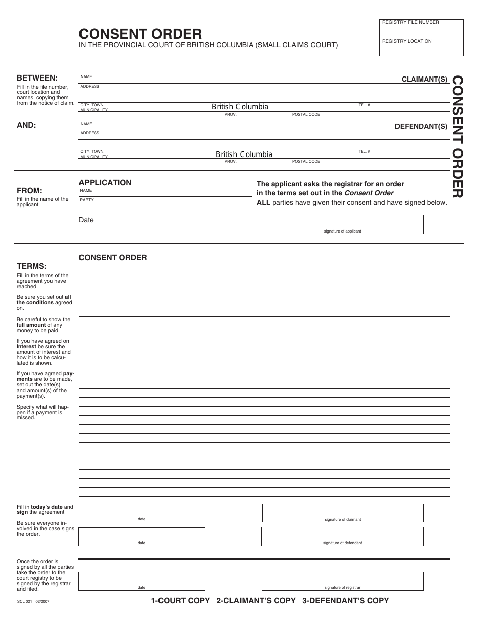 Form SCL021 Consent Order - British Columbia, Canada, Page 1