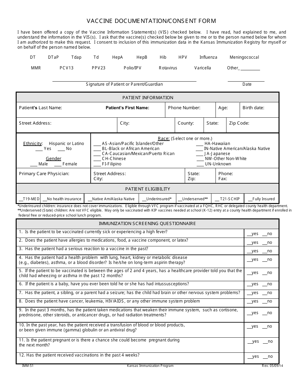 Form IMM-51 Vaccine Documentation / Consent Form - Kansas, Page 1