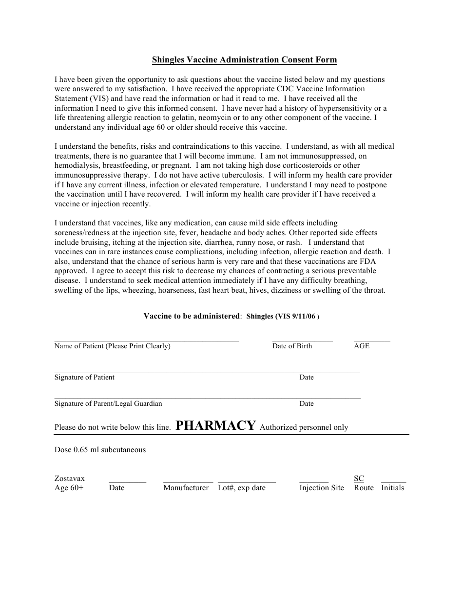 Shingles Vaccine Administration Consent Form, Page 1