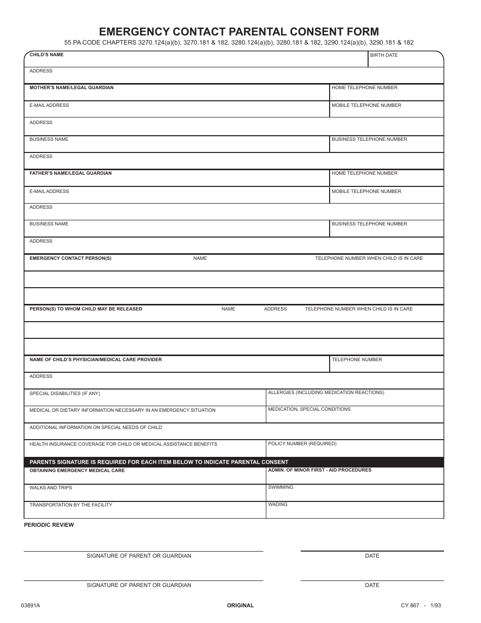 Form CY867 Emergency Contact Parental Consent Form - Pennsylvania, Page 1