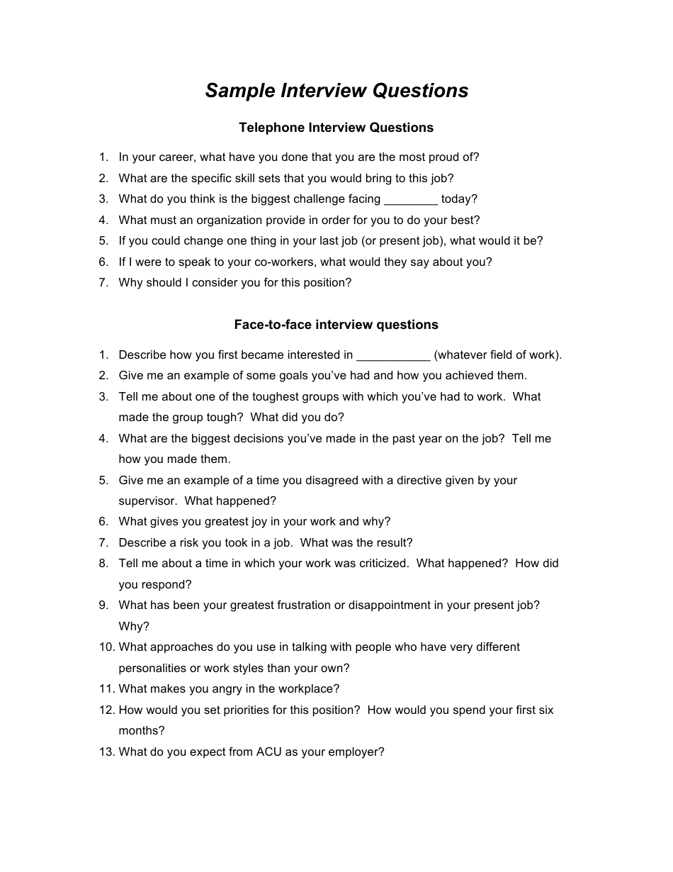 Sample Telephone/Face-To-Face Interview Questionnaire Template, Page 1