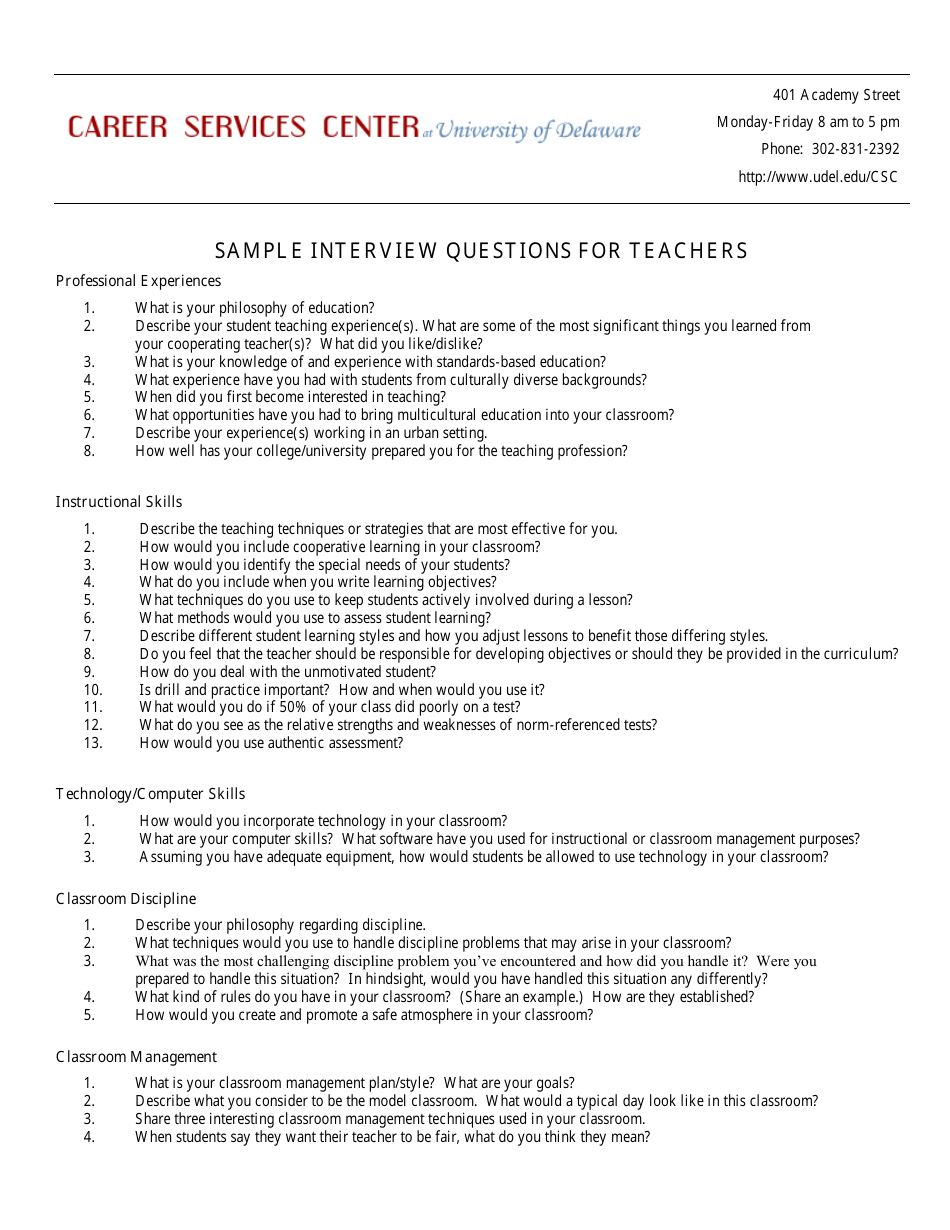 Our Sample Interview Questionnaire Template for Teachers - University of Delaware
