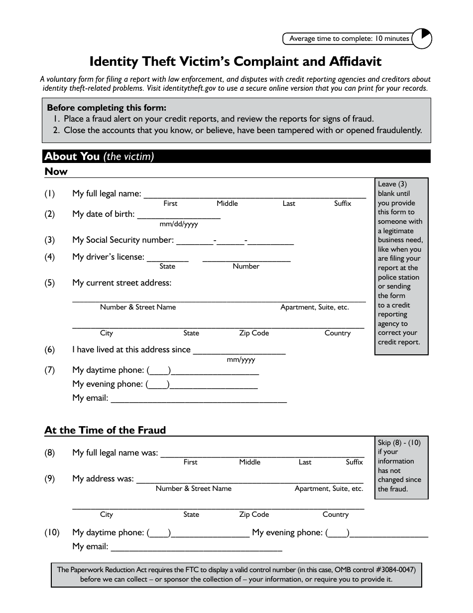 Identity Theft Victims Complaint and Affidavit Form (Ftc Identity Theft Report), Page 1