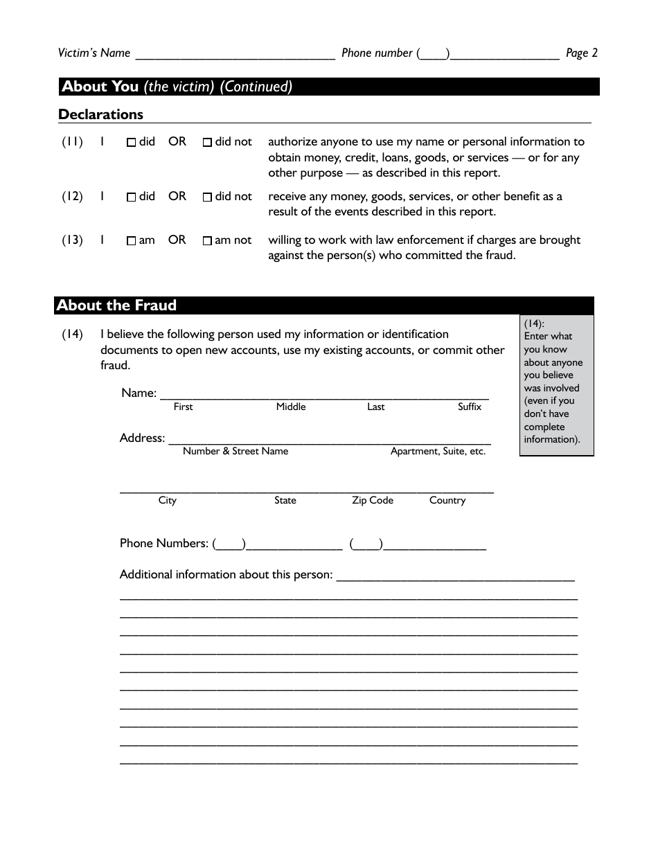 Identity Theft Victims Complaint And Affidavit Form Ftc Identity Theft Report Fill Out 5698