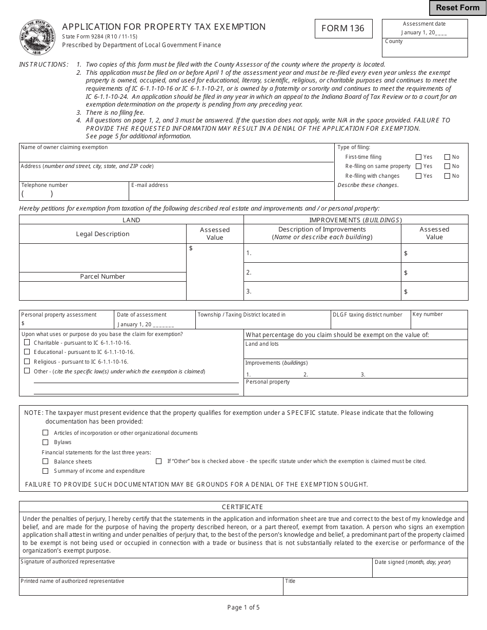Form 136 (State Form 9284) Application for Property Tax Exemption - Indiana, Page 1