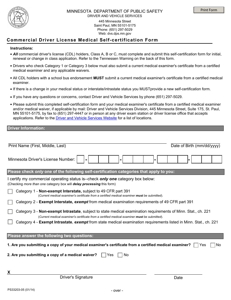 Form PS33203 Commercial Driver License Medical Self-certification Form - Minnesota, Page 1