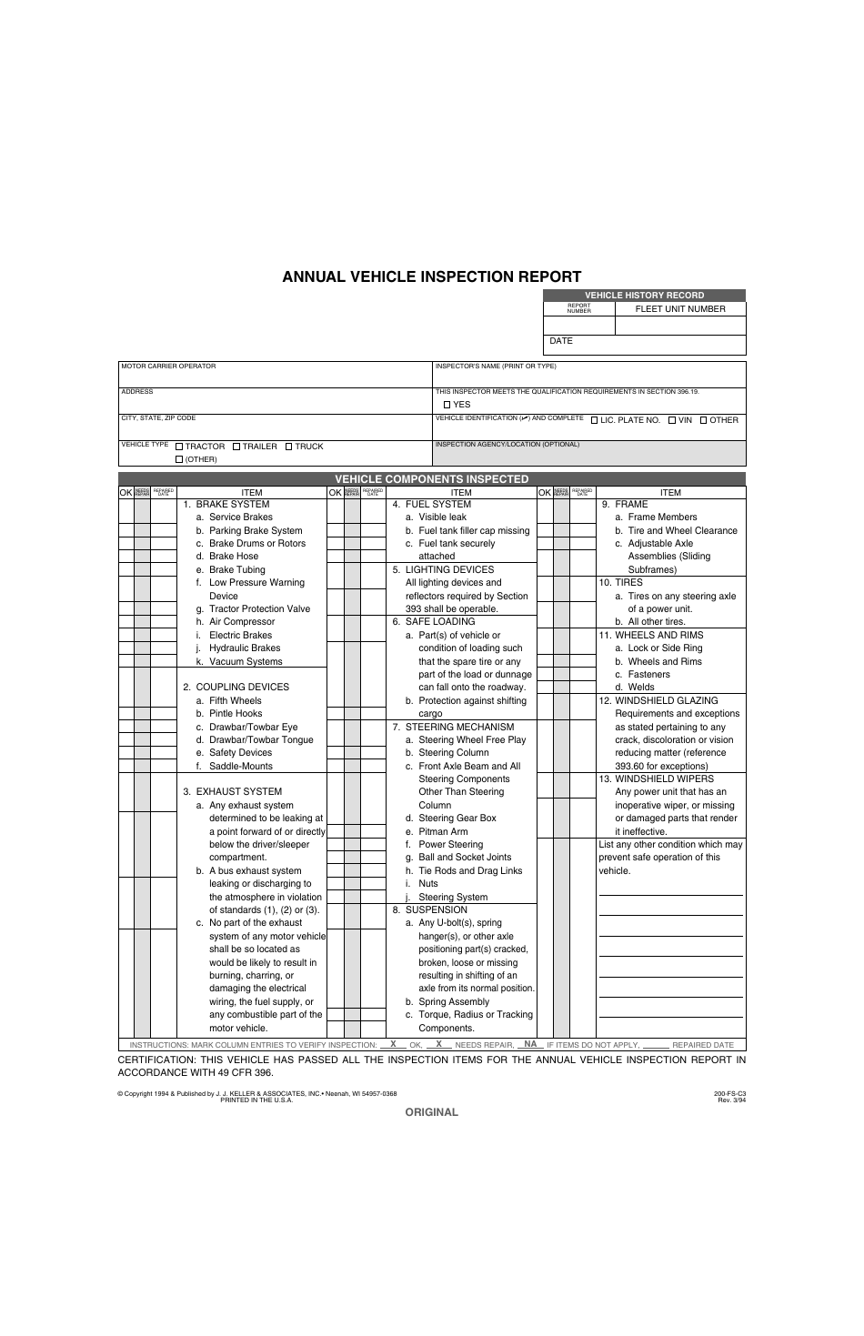 Form 200-FS-C3 Annual Vehicle Inspection Report, Page 1