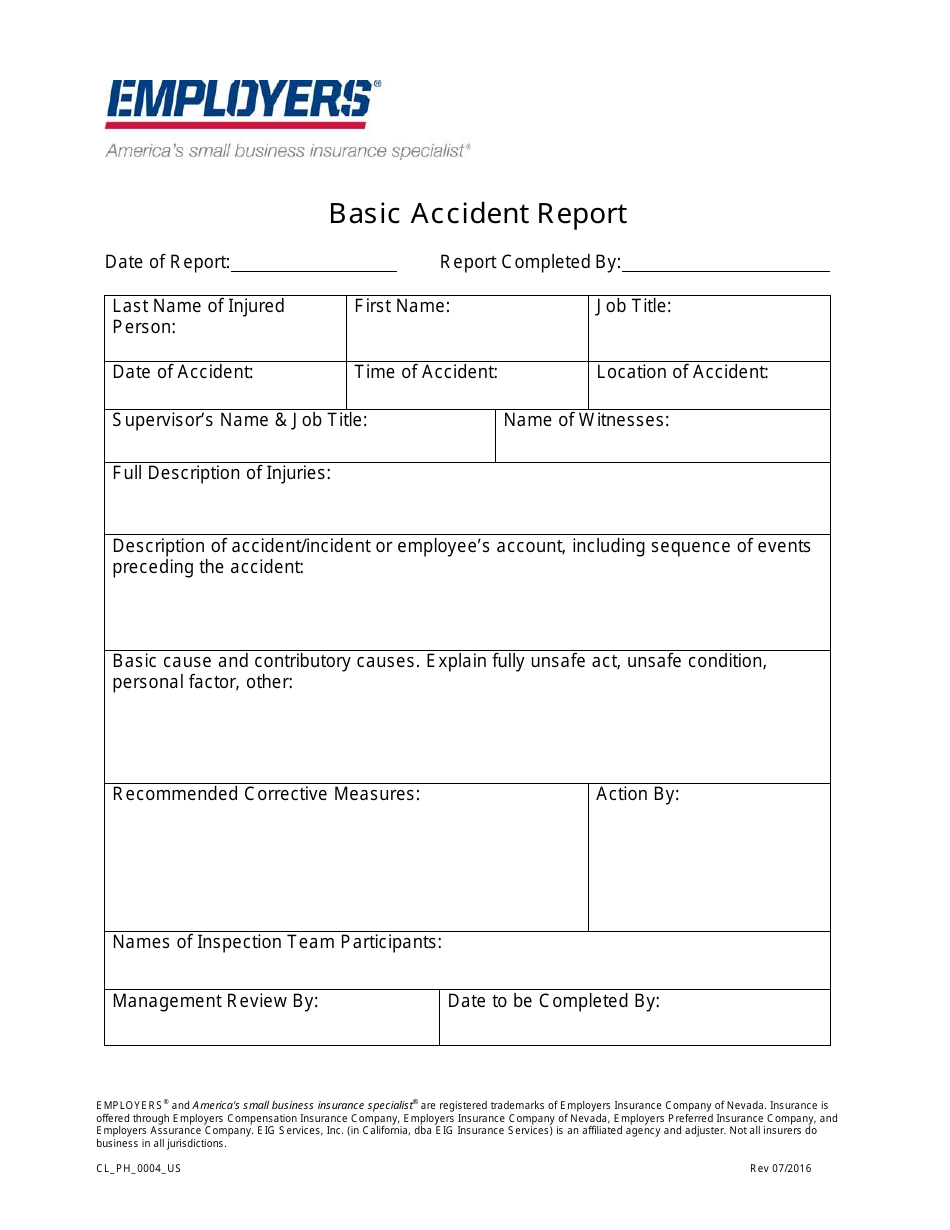 Basic Accident Report Form - Employers, Page 1