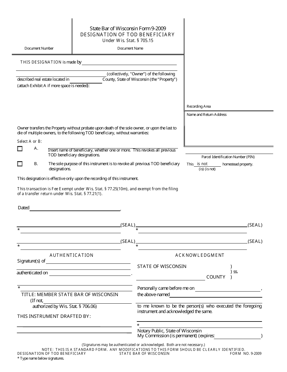 Form 9-2009 Designation of Tod Beneficiary - Wisconsin, Page 1