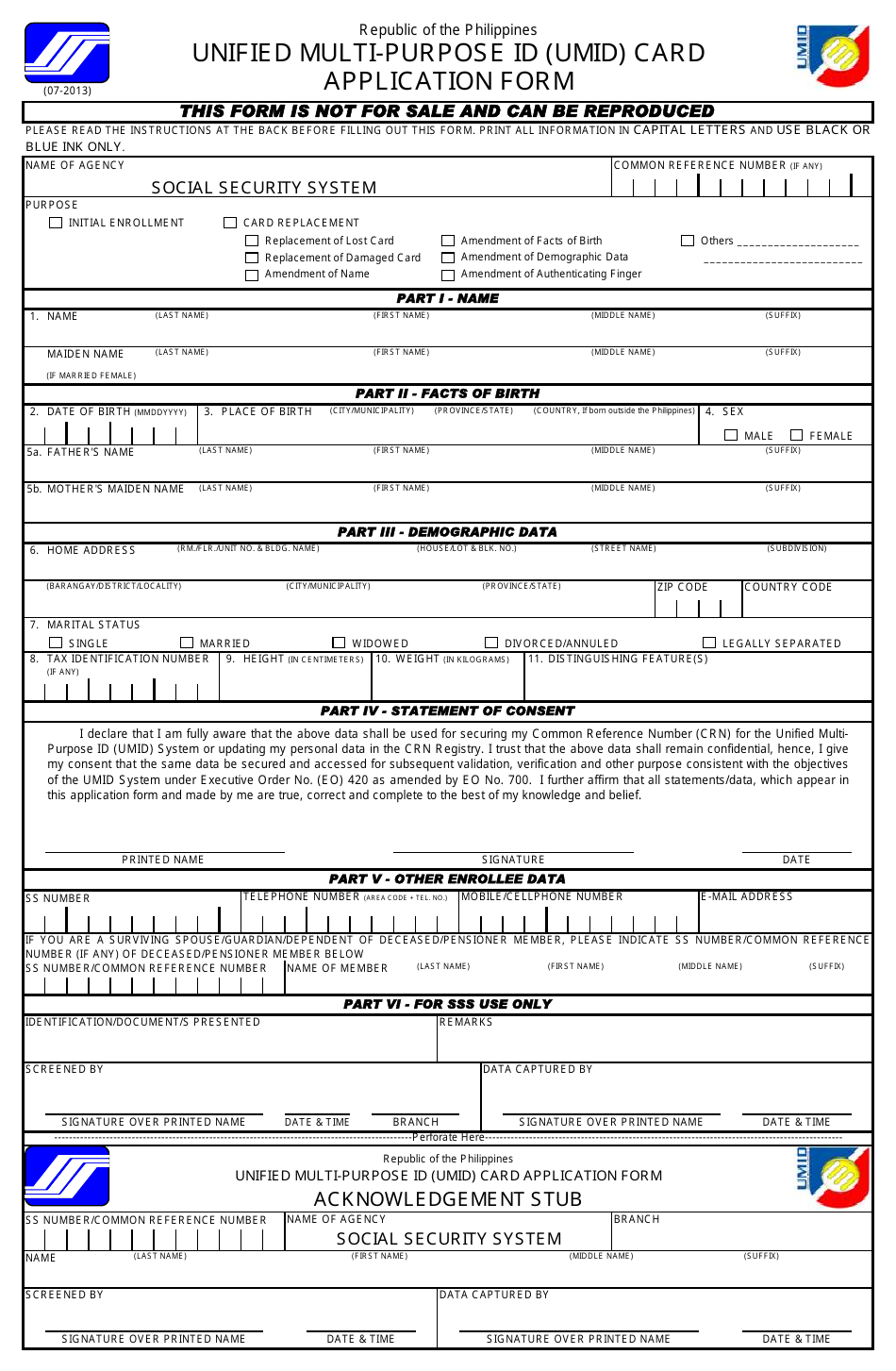 Unified Multi-Purpose ID (Umid) Card Application Form - Philippines, Page 1