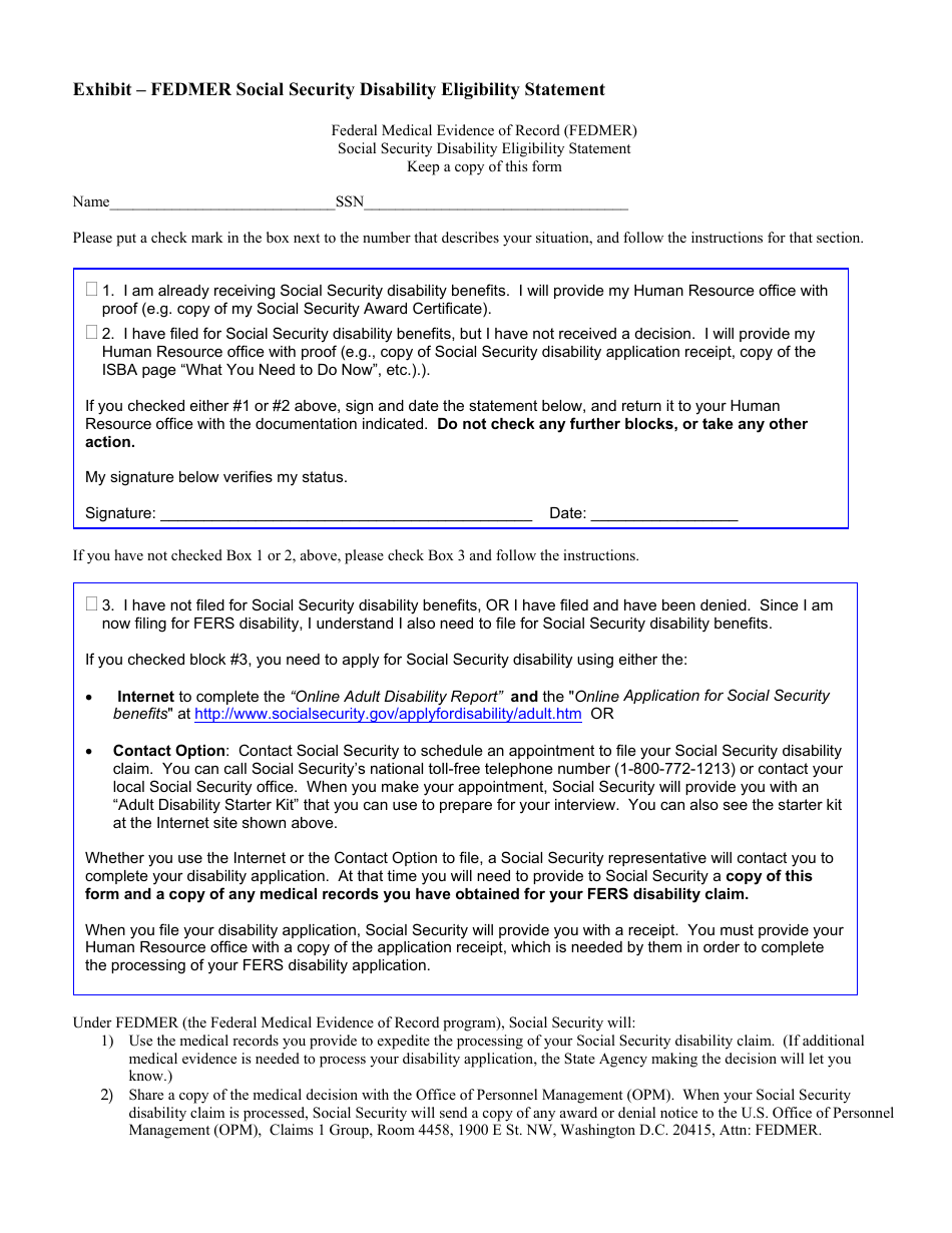 Exhibit - Fedmer Social Security Disability Eligibility Statement, Page 1
