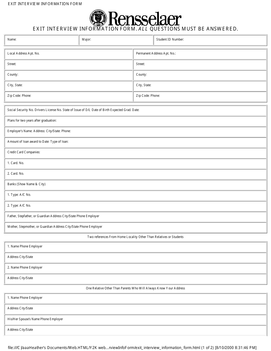 Sample Rensselaer Exit Interview Information Form, Page 1