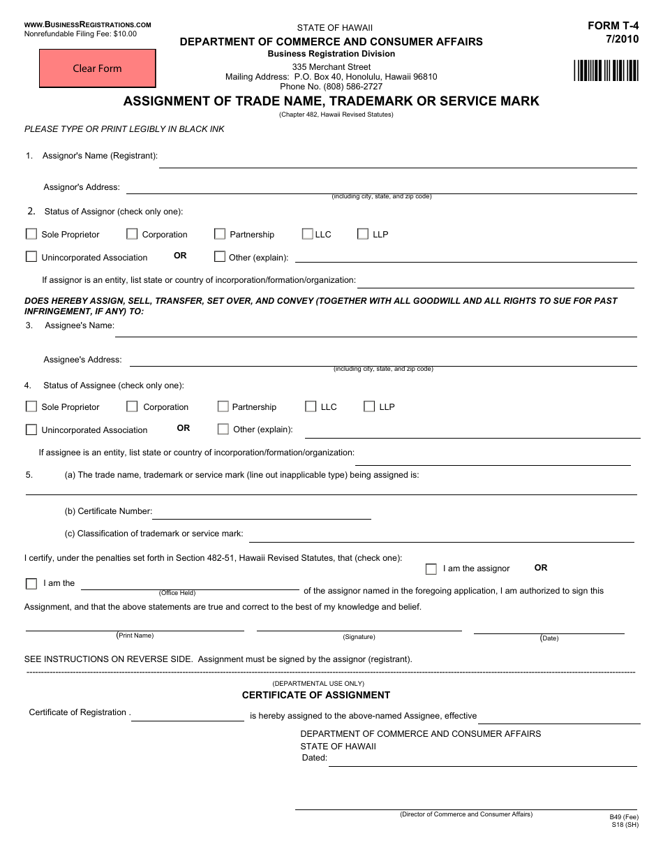 Form T-4 Assignment of Trade Name, Trademark or Service Mark - Hawaii, Page 1