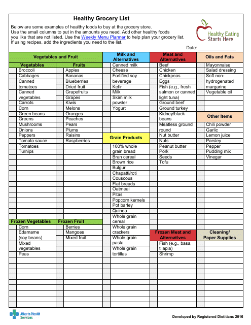 &quot;Healthy Grocery List Template - Alberta Health Services&quot; Download Pdf