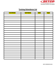 Document preview: Training Attendance List Template - Betco Corporation