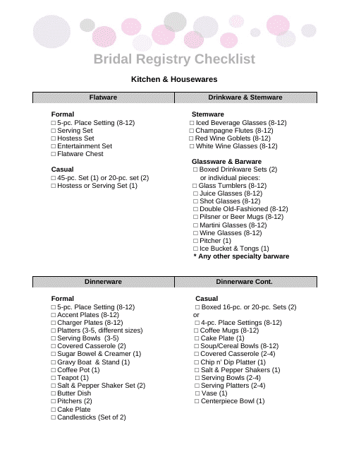 &quot;Bridal Registry Checklist Template&quot; Download Pdf