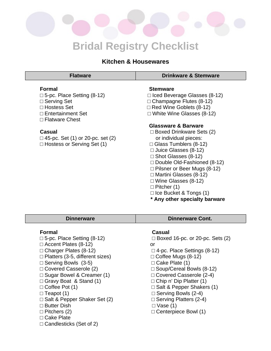 Bridal Registry Checklist Template Download Printable PDF Templateroller