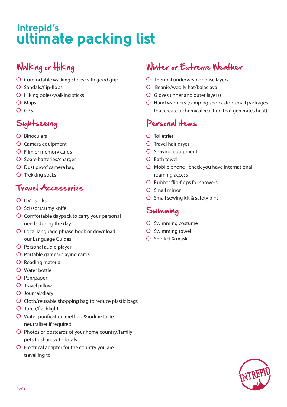 Ultimate Packing List - Intrepid Download Printable PDF | Templateroller