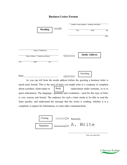 Sample &quot;Business Letter Format Template - Literacy Rules&quot; Download Pdf