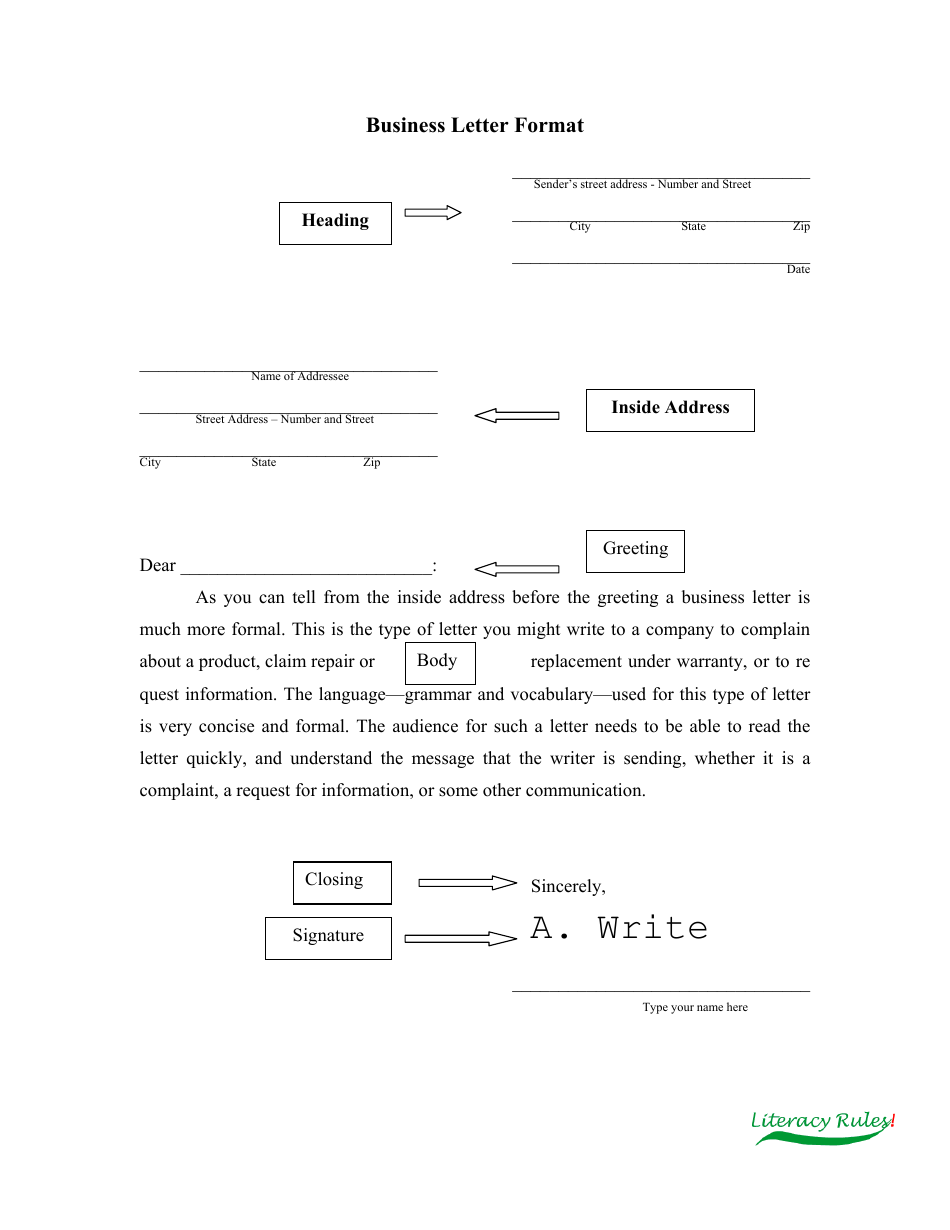 Sample Business Letter Format  Template Literacy  Rules 