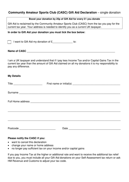 Community Amateur Sports Club (CASC) Gift Aid Declaration - Single Donation - United Kingdom Download Pdf