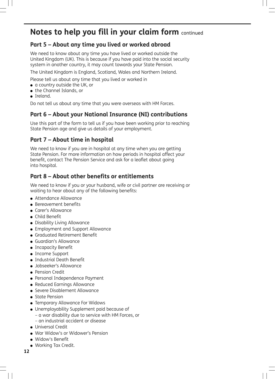 Form BR1 State Pension Claim Form - Born Before 6 April in 1951 (Men) or 1953 (Women) - United Kingdom, Page 12