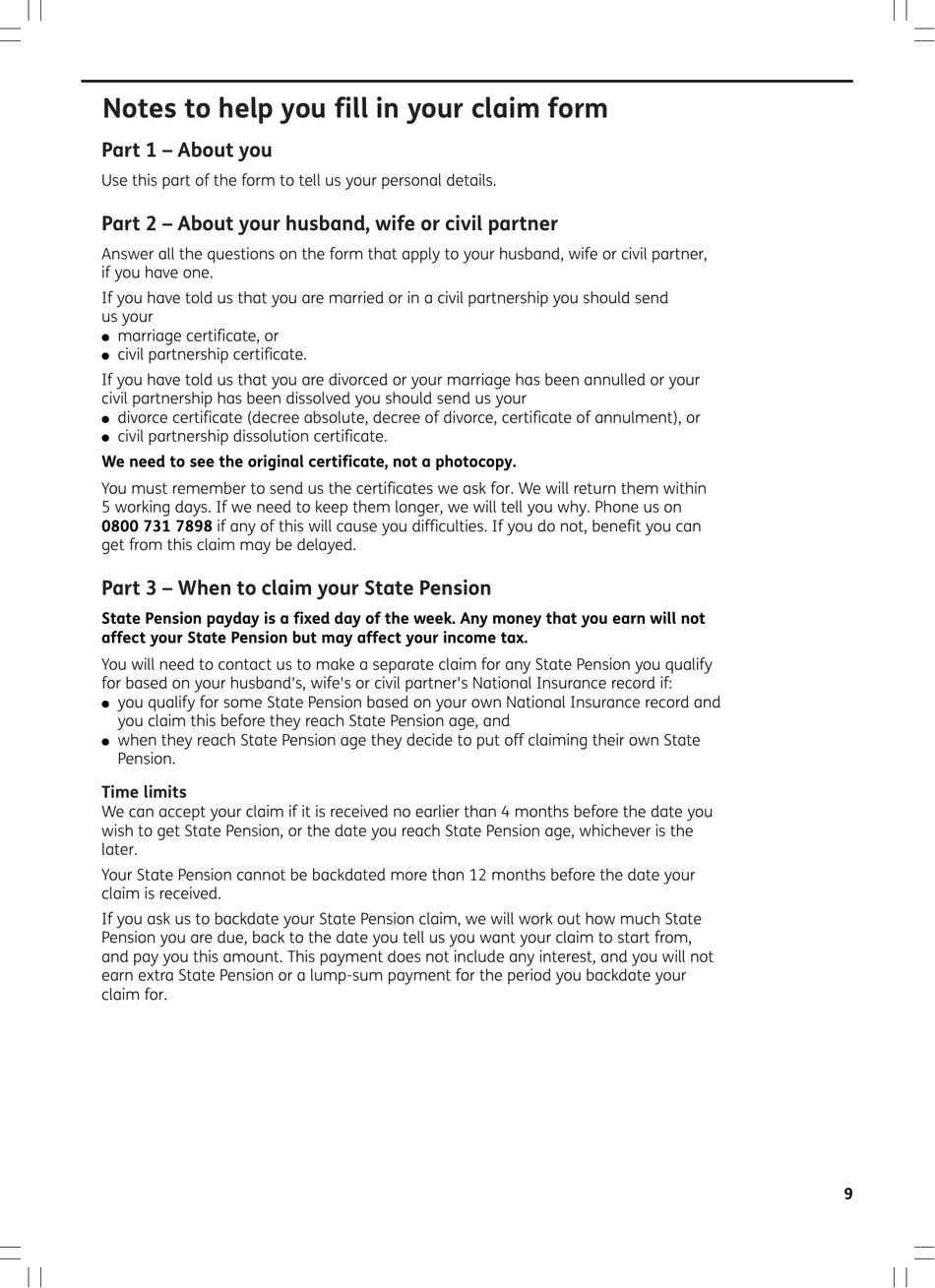 Form BR1 State Pension Claim Form - Born Before 6 April in 1951 (Men) or 1953 (Women) - United Kingdom, Page 9
