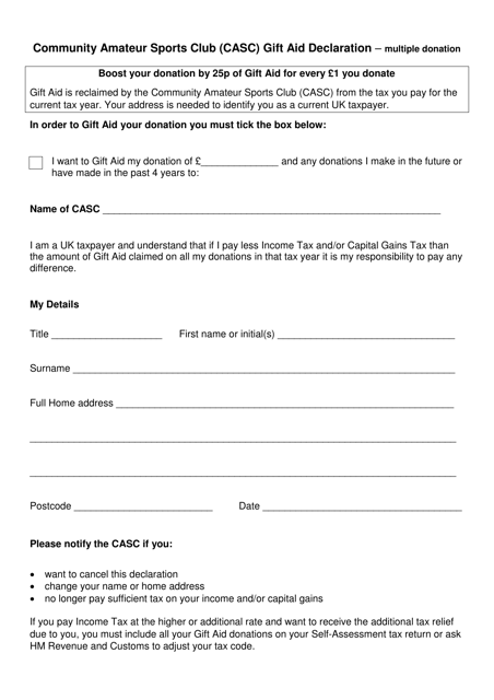 Community Amateur Sports Club (CASC) Gift Aid Declaration - Multiple Donation - United Kingdom