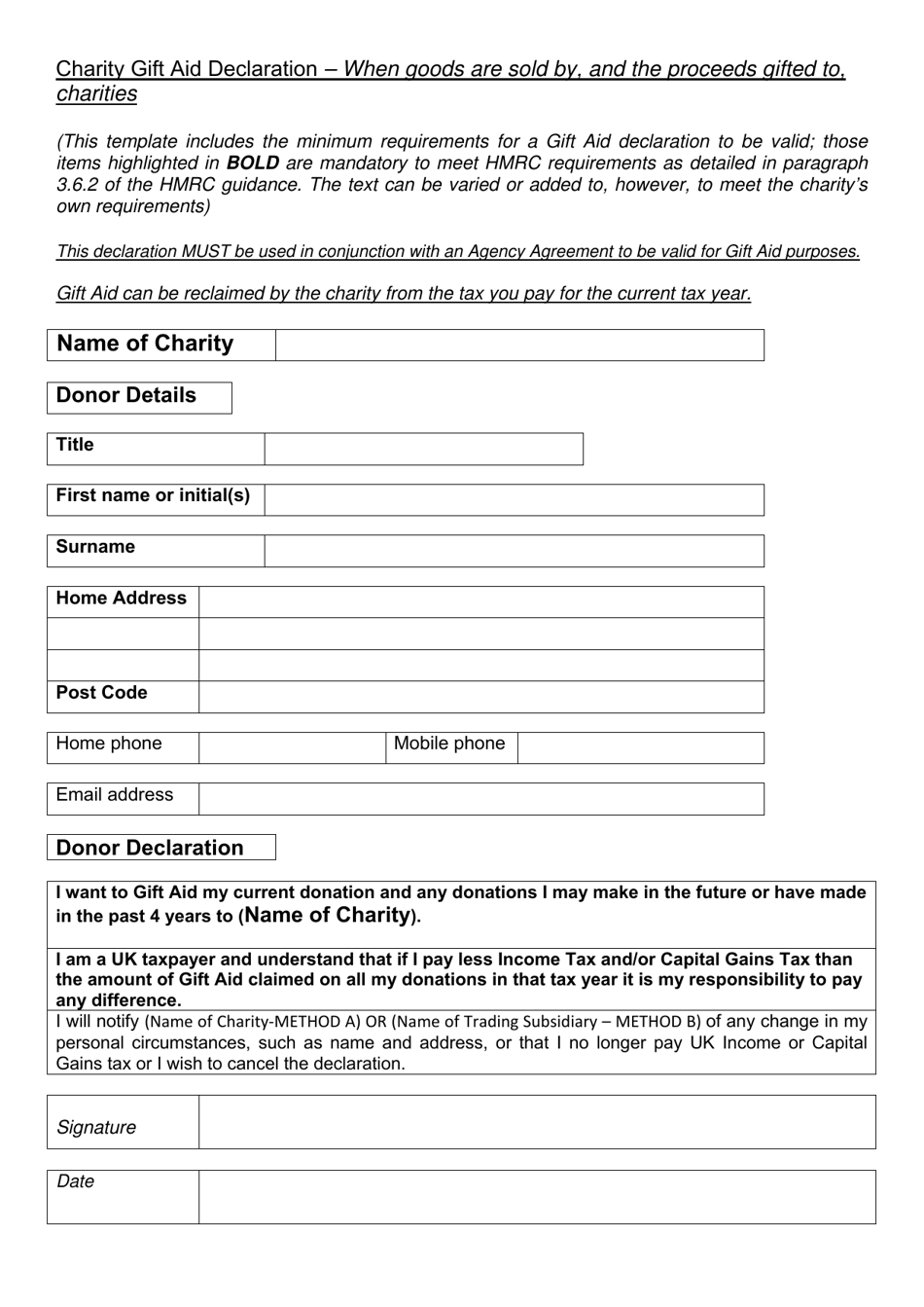 Charity Gift Aid Declaration - When Goods Are Sold by, and the Proceeds Gifted to, Charities - United Kingdom, Page 1