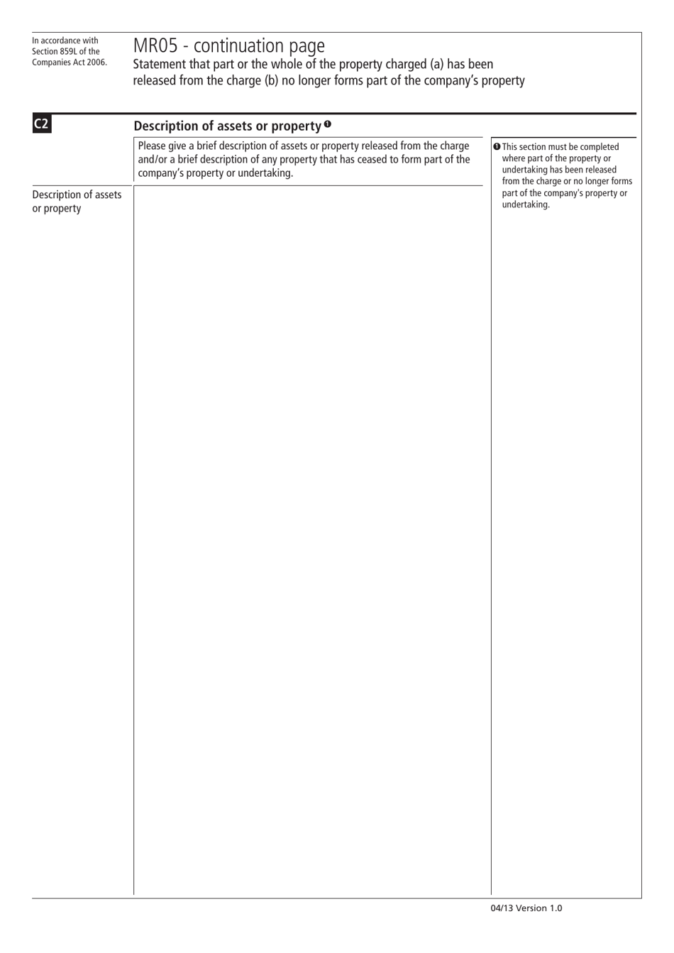 Form MR05 Statement That Part or the Whole of the Property Charged (A) Has Been Released From the Charge (B) No Longer Forms Part of the Companys Property - Continuation Pages - United Kingdom, Page 4
