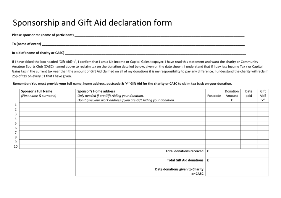 Sponsorship and Gift Aid Declaration Form - United Kingdom, Page 1
