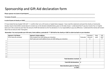 Document preview: Sponsorship and Gift Aid Declaration Form - United Kingdom