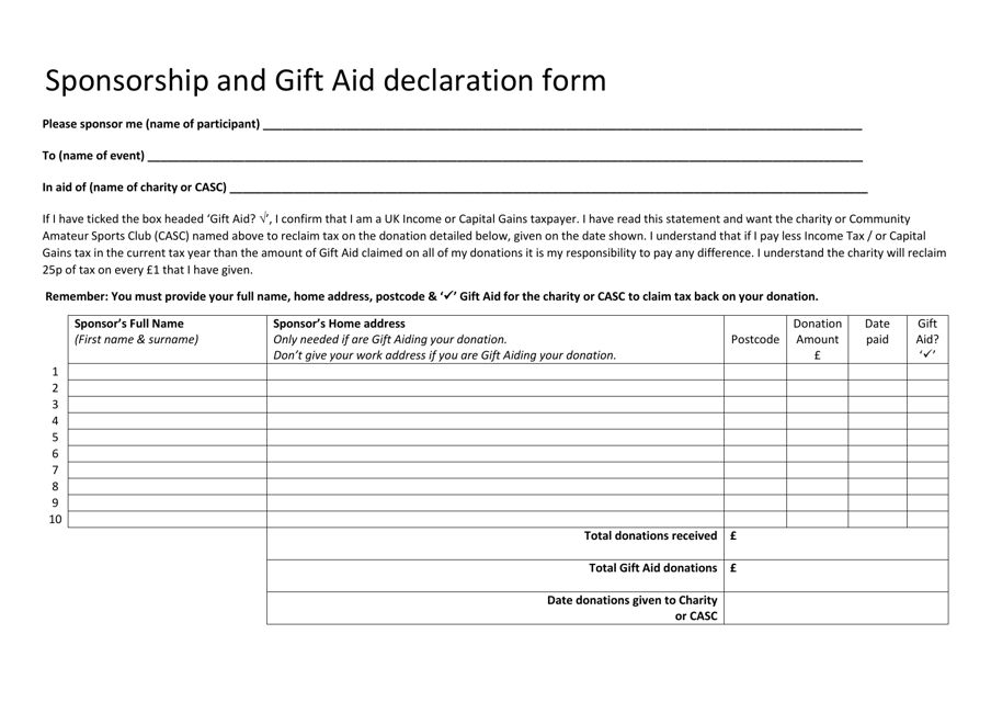 Sponsorship and Gift Aid Declaration Form - United Kingdom Download Pdf